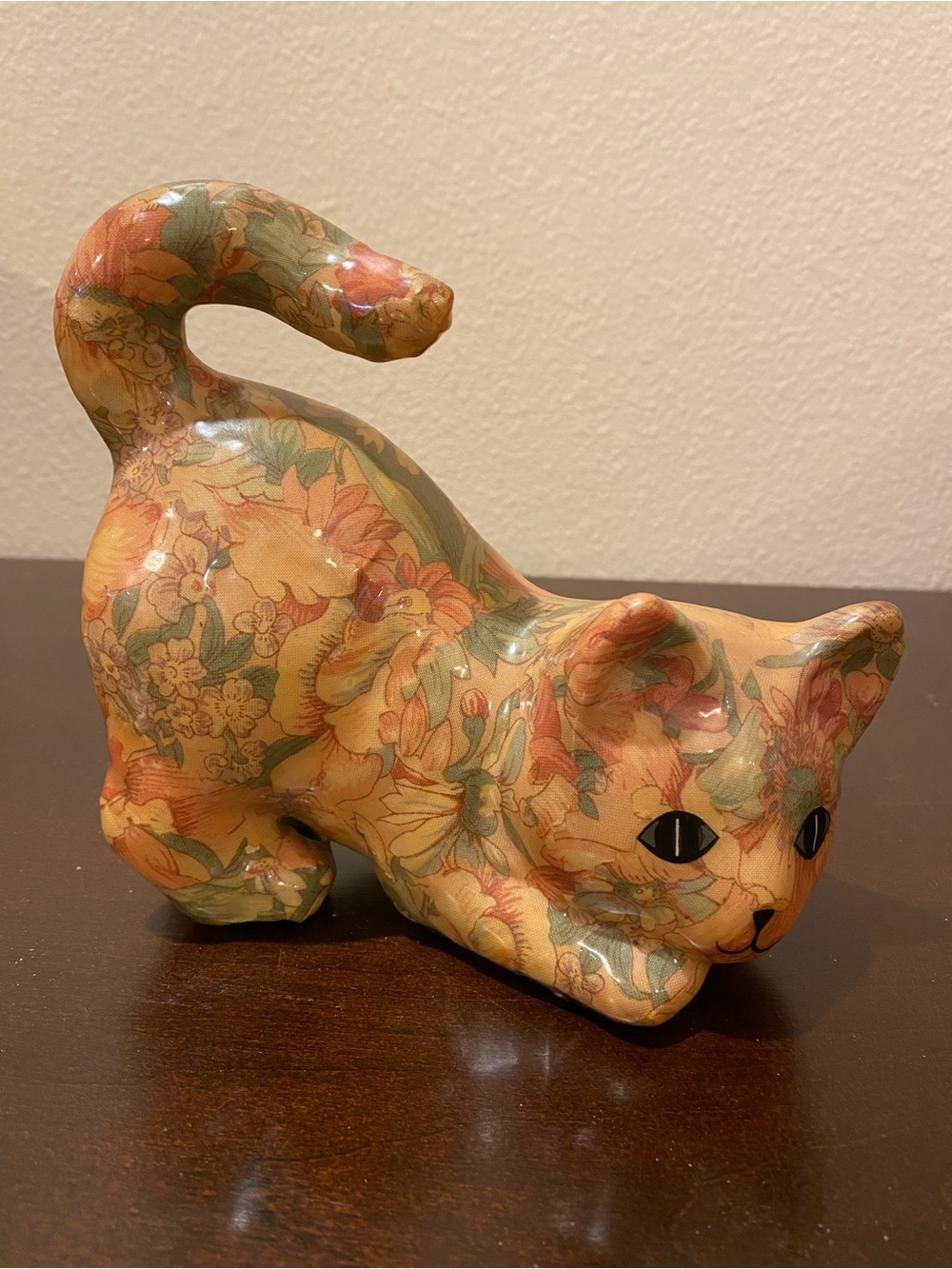 Adorable Vintage Floral Decoupage Patchwork Porcelain Cat Figurine